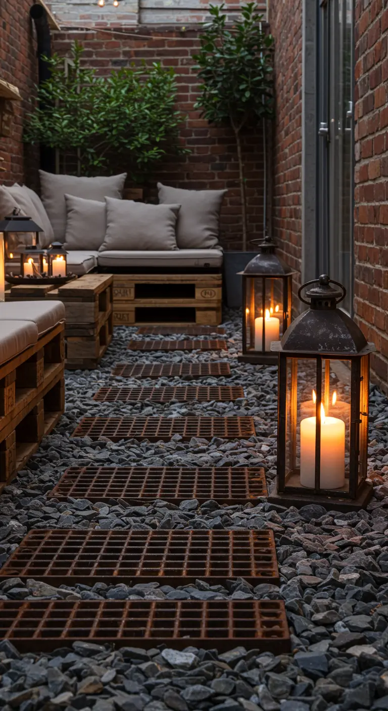 A walkway of iron grates over gravel is lit by rustic lanterns in a brick courtyard.