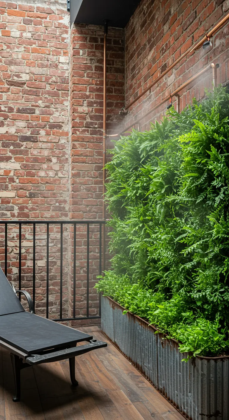 An industrial balcony with a brick wall, metal planter, and a black lounger.
