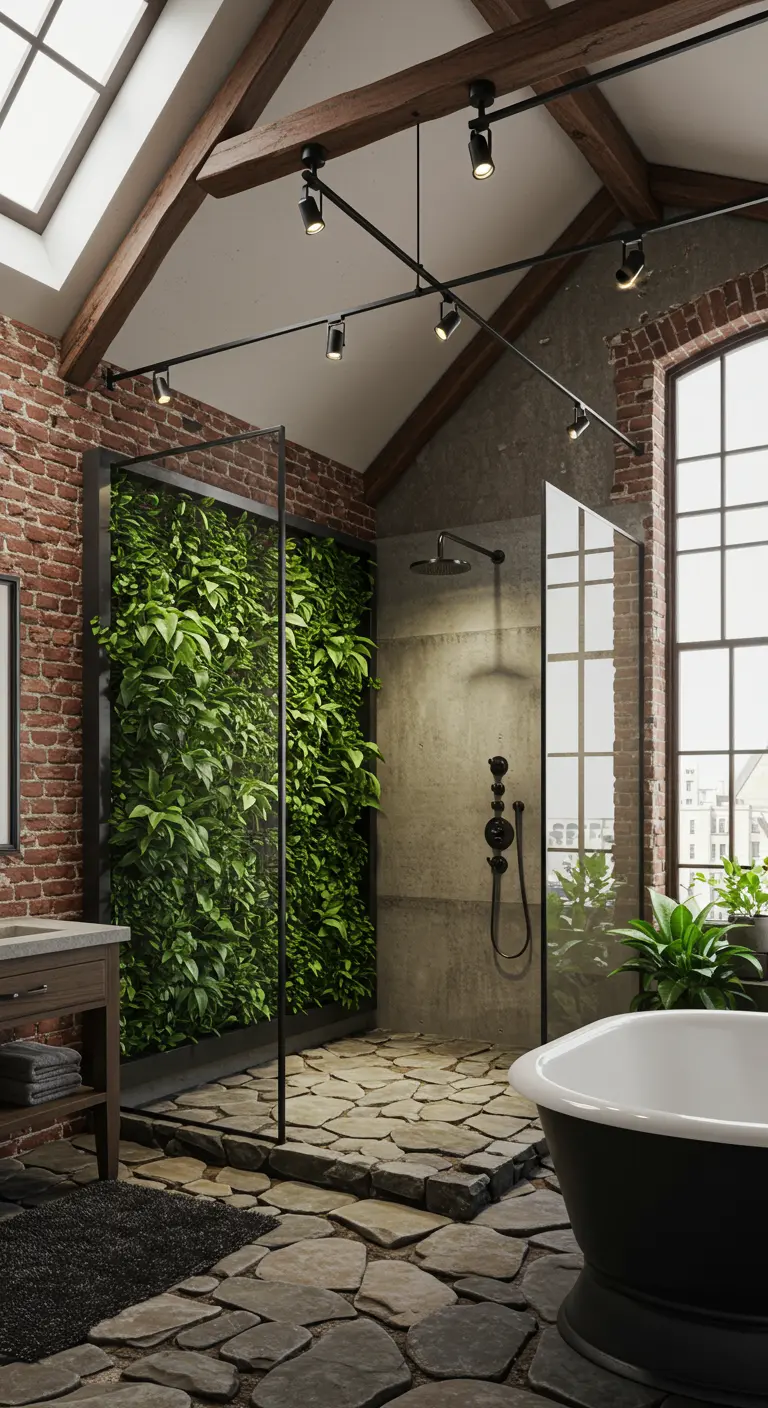 Industrial loft bathroom with brick walls, a living wall, and a flagstone floor.