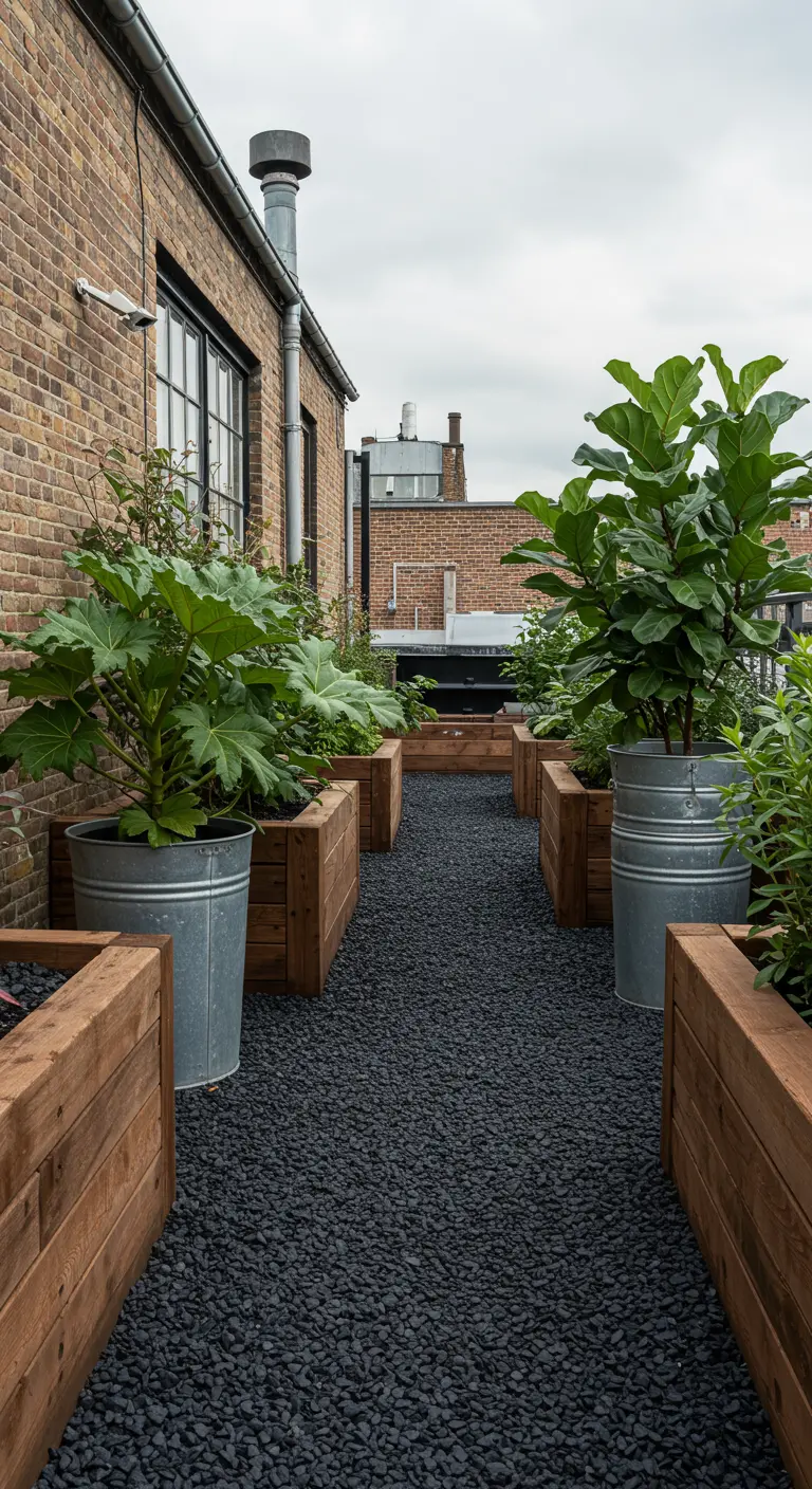 A rooftop garden with large metal planters and wooden beds along a gravel path.