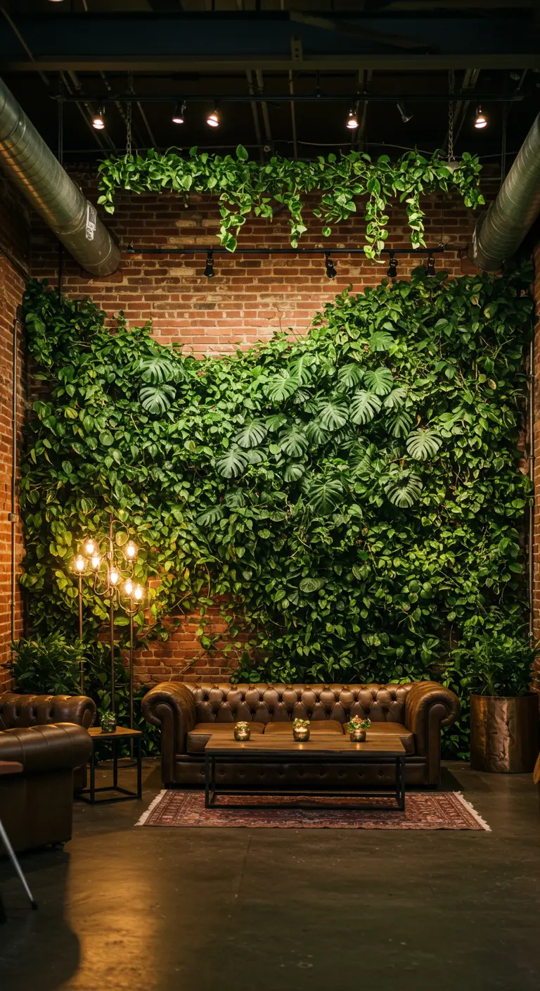 A cozy lounge area with a leather sofa in front of a massive living wall on brick.