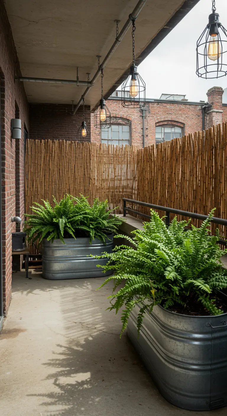 An industrial balcony with ferns in large metal troughs and black cage pendant lights.