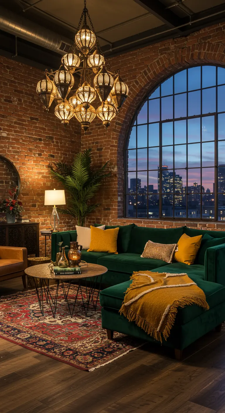 Living room with exposed brick wall, emerald velvet sofa, and a large Moroccan brass chandelier.