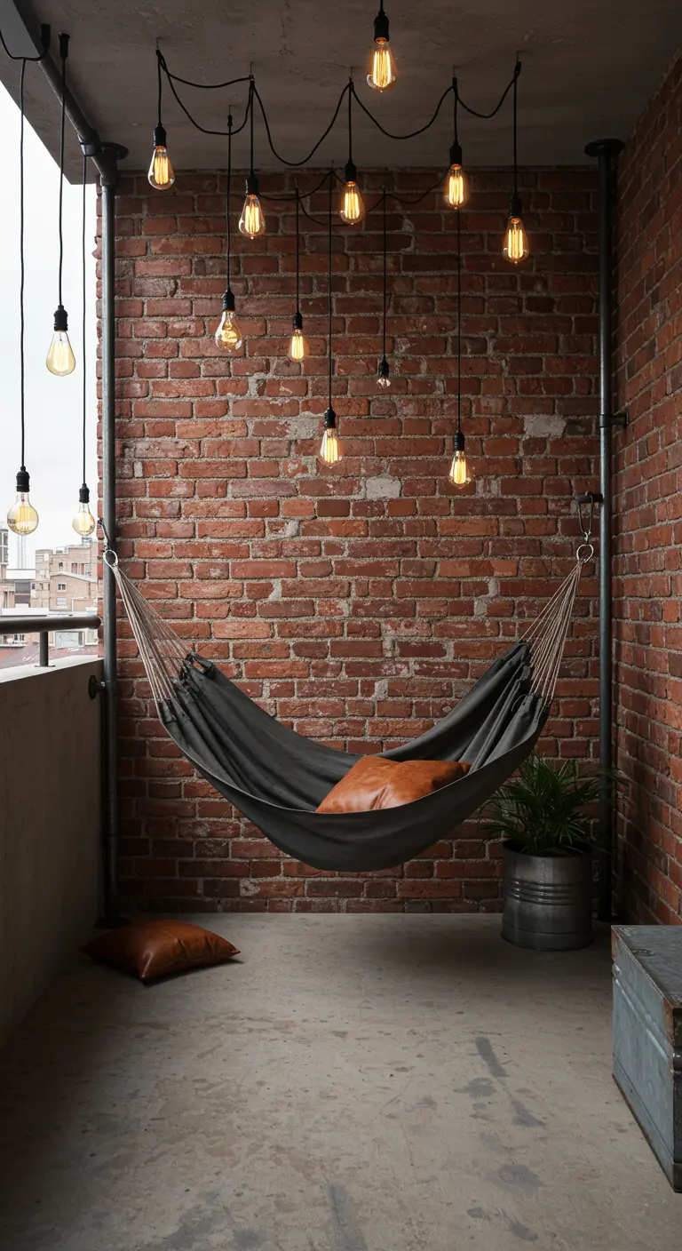 A dark hammock against a brick wall on an industrial balcony with many Edison bulbs hanging from the ceiling.