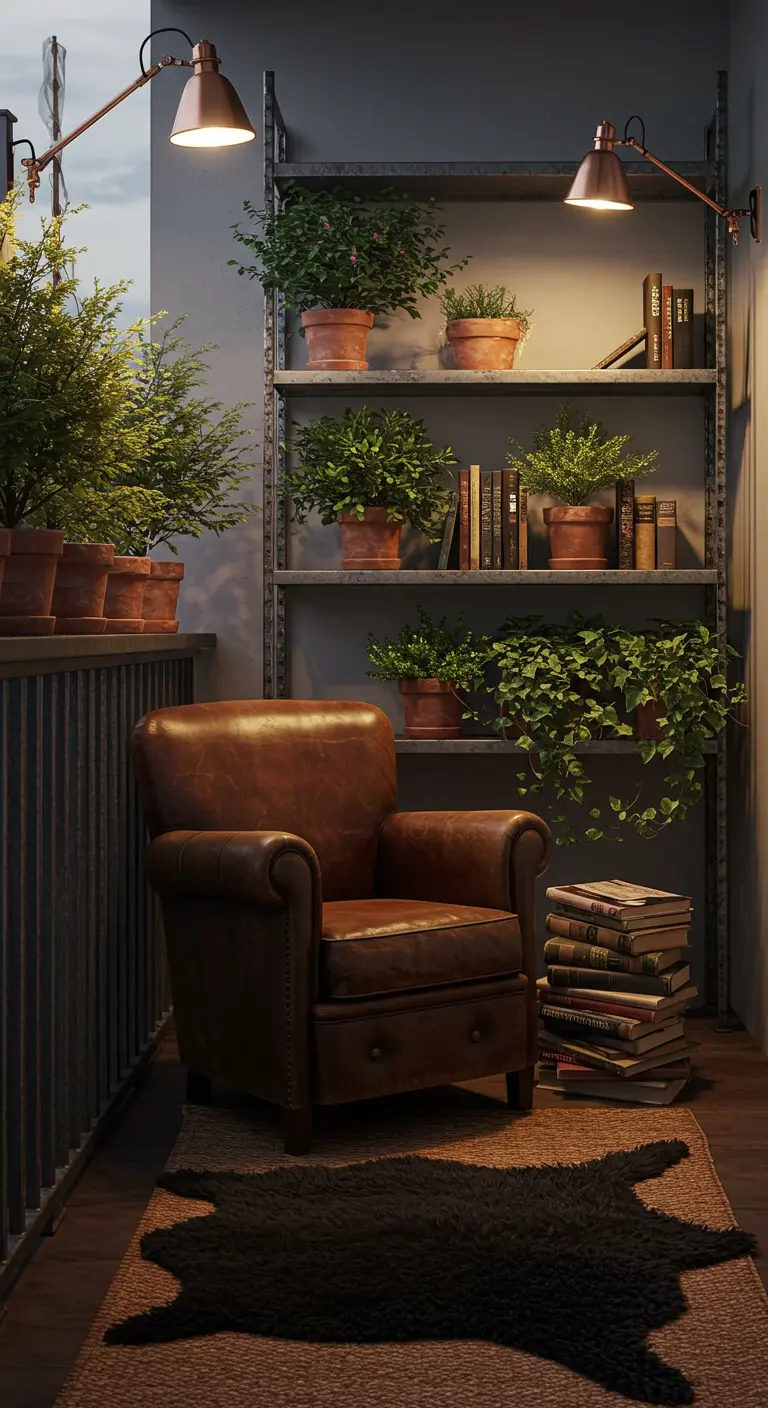 A balcony styled like a library with industrial shelves, a leather armchair, and copper sconces.