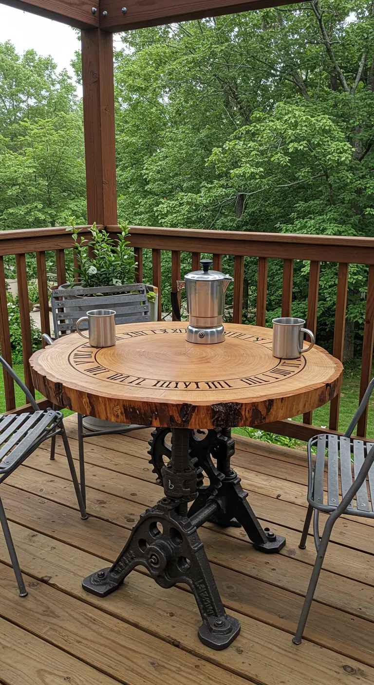 A wood slice clock table on a heavy, antique cast iron industrial machine base.