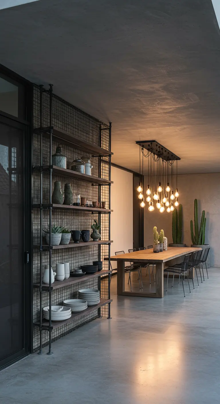 Floor-to-ceiling industrial pipe shelf acting as a room divider next to a long dining table.
