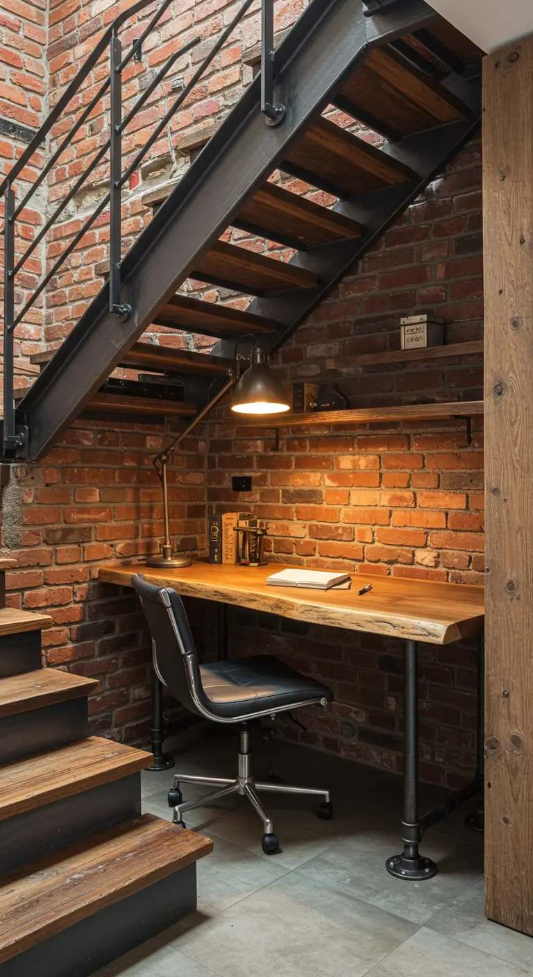 An industrial under-stair office with a brick wall, a live-edge desk, and a metal chair.