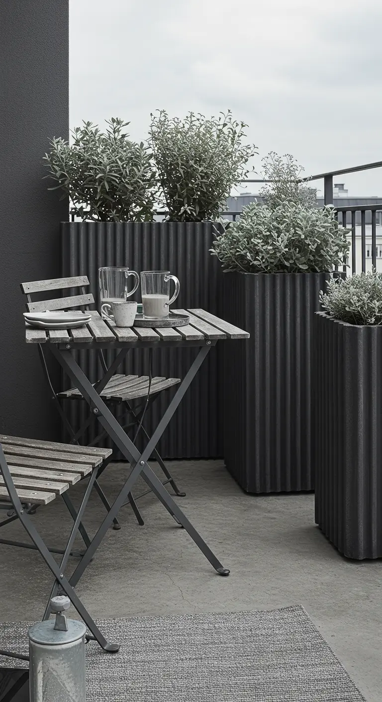 A balcony with corrugated metal planters, a simple grey wood table, and chairs.