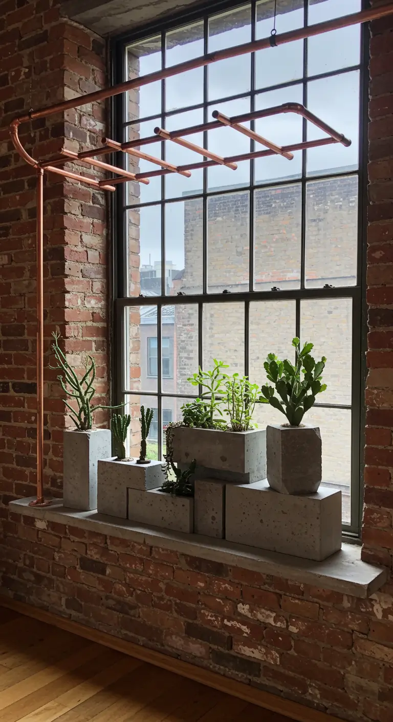 Copper pipe plant stand on a windowsill with a collection of succulents in concrete planters.