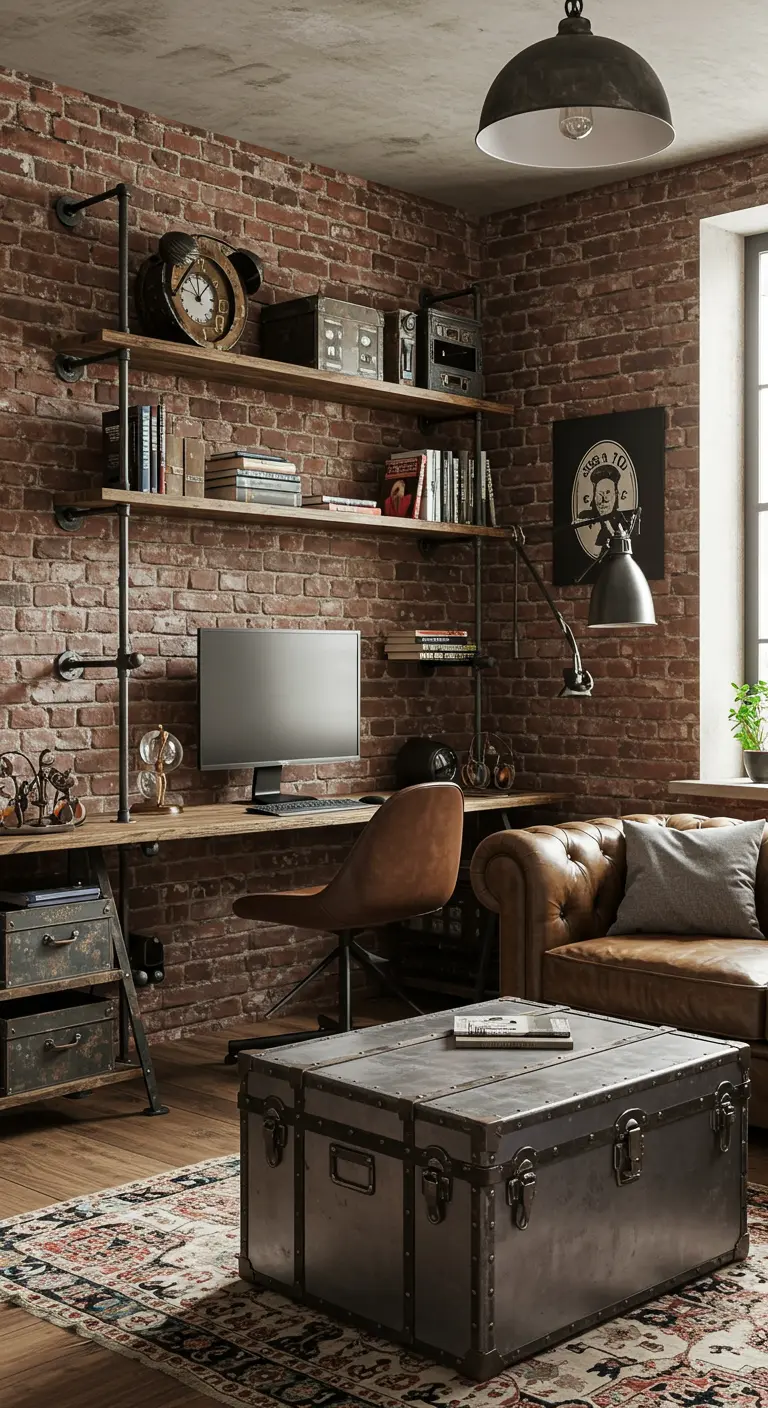 An industrial-style desk with pipe shelving against a brick wall in a rustic living room.