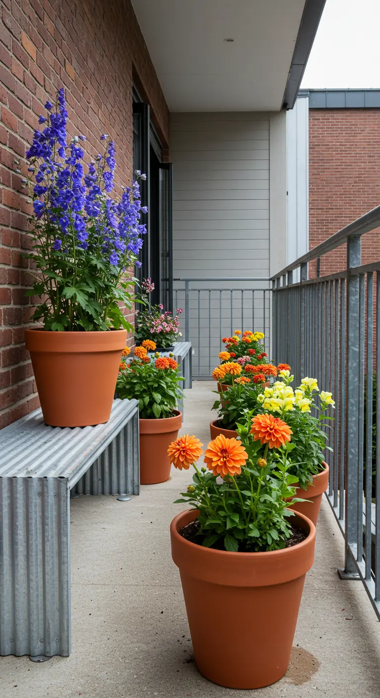 A modern balcony with corrugated metal benches and tall blue delphiniums in terracotta pots.
