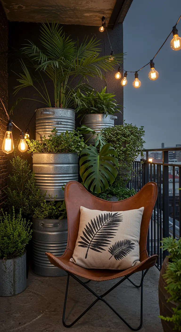 Balcony with stacked galvanized metal tubs used as planters and a leather butterfly chair.