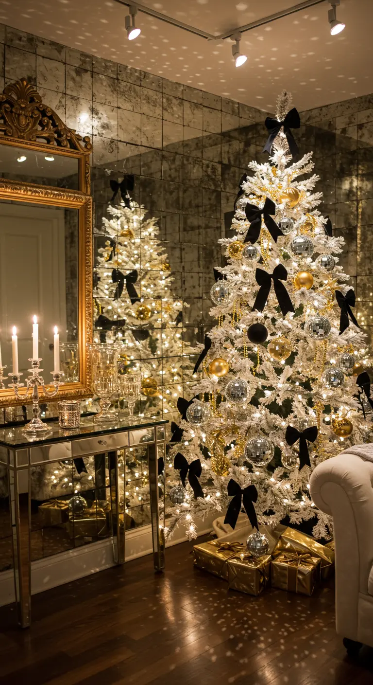 Christmas tree with black bows reflected in an antique mirrored wall.