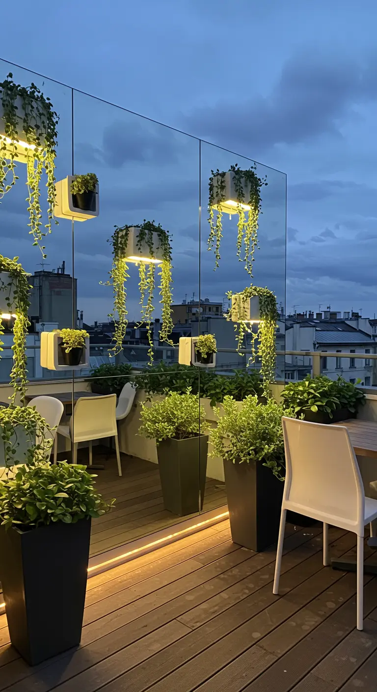A mirrored wall on a balcony reflecting illuminated planters, making the space look larger.
