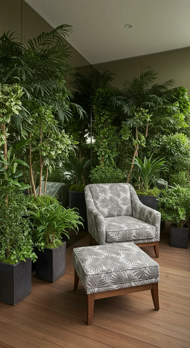 A balcony with a large mirrored wall that reflects the lush plants, creating an illusion of space.