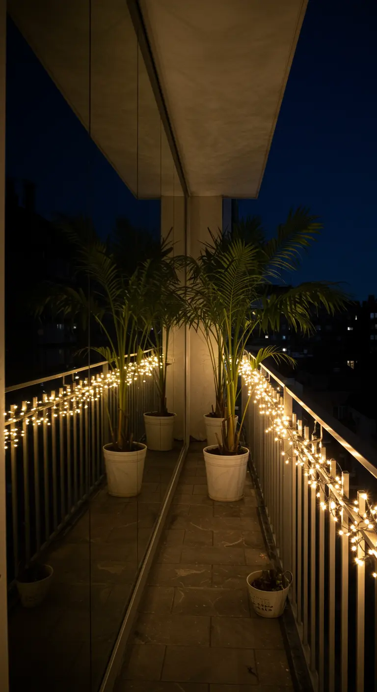 A narrow balcony at night with a full-length mirror wall reflecting fairy lights on the railing.