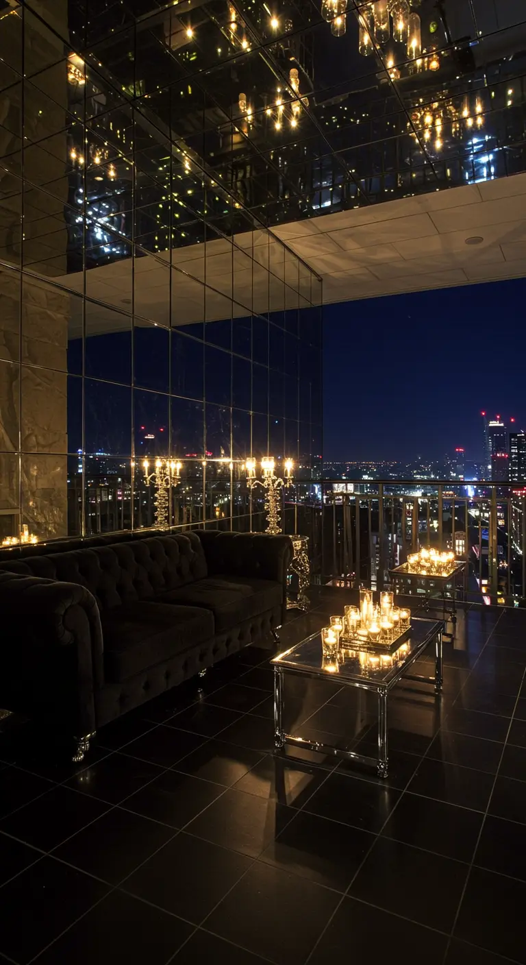 A luxurious balcony with mirrored walls and ceiling reflecting a black velvet tufted sofa and city lights.