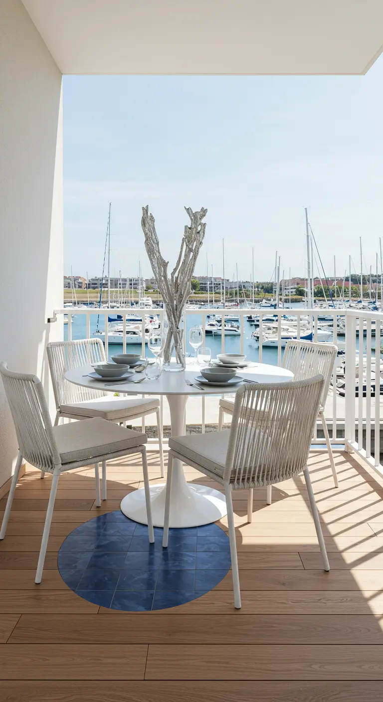 A white outdoor dining set on a wood deck with a circular blue tile inlay underneath.