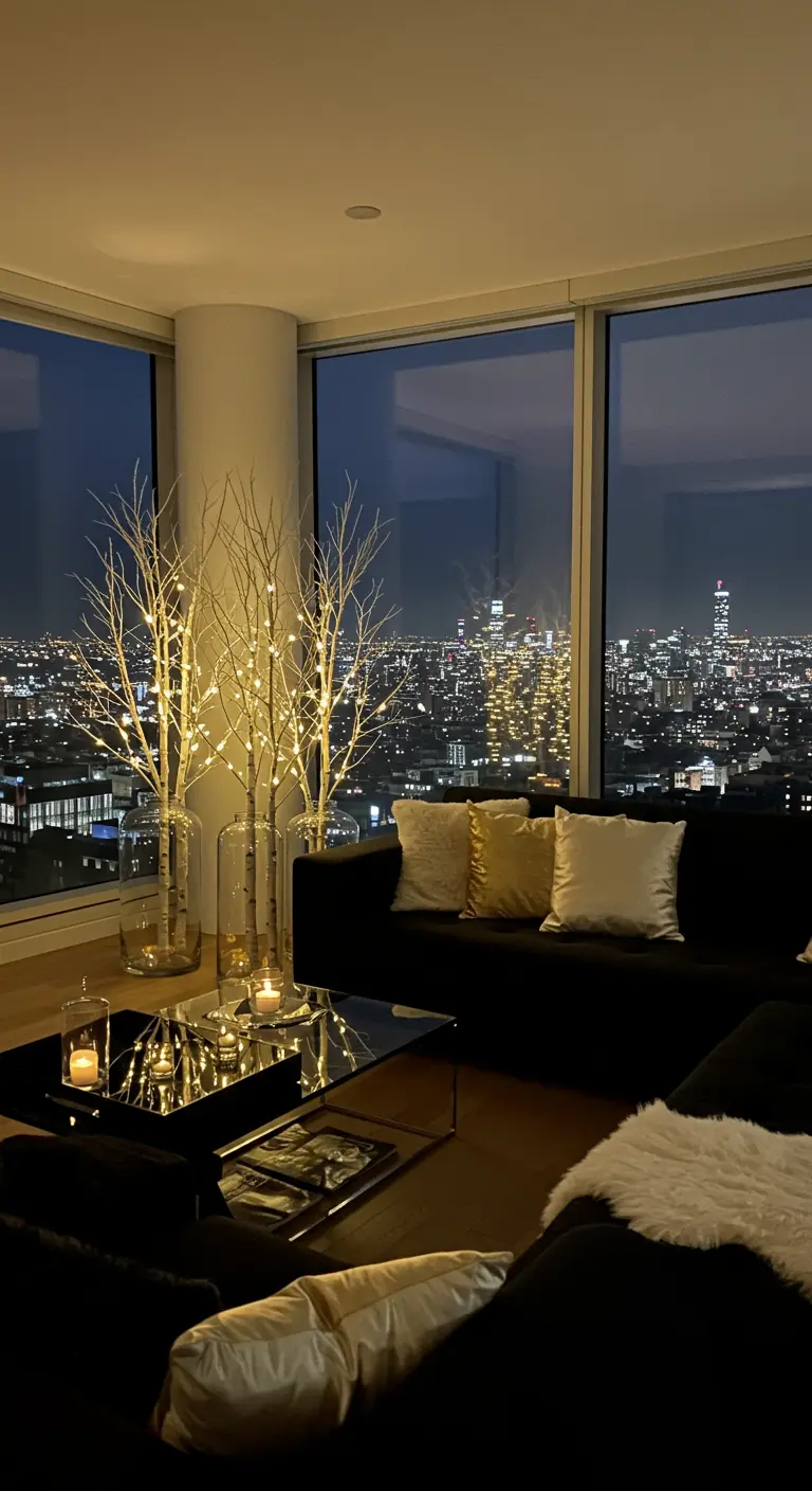 Light-up birch branches in glass vases create a warm glow in a modern living room.