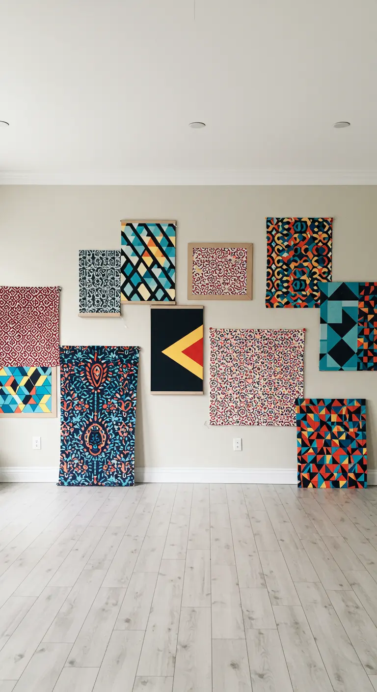 A gallery wall featuring various geometric and floral patterned fabrics.