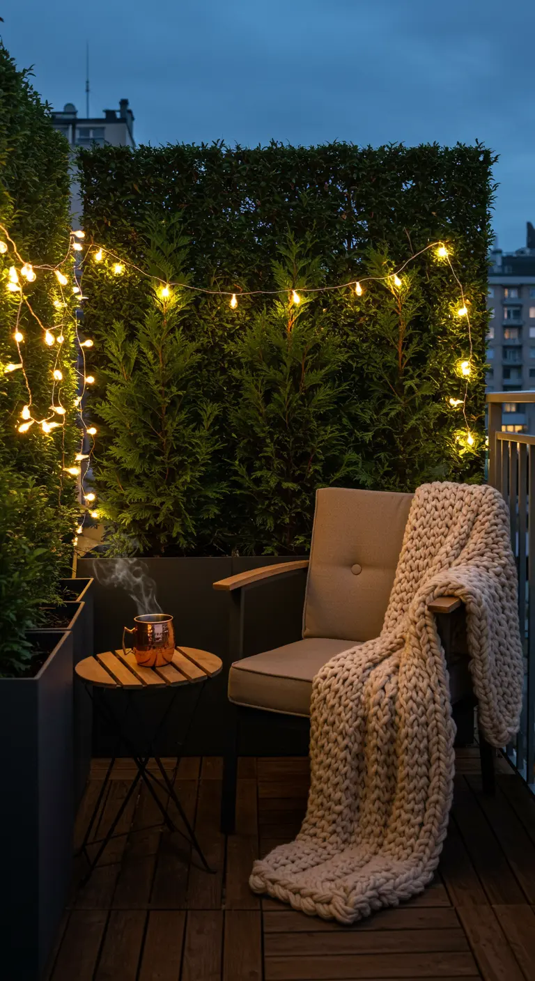 A cozy balcony at dusk with an evergreen hedge, string lights, and a chair with a knit blanket.