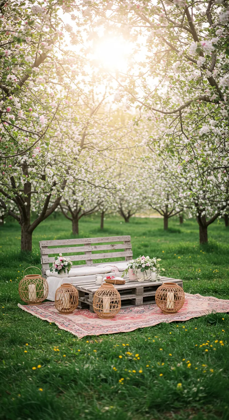 A pallet bench on a rug in a blooming orchard, decorated with flowers and wicker lanterns.