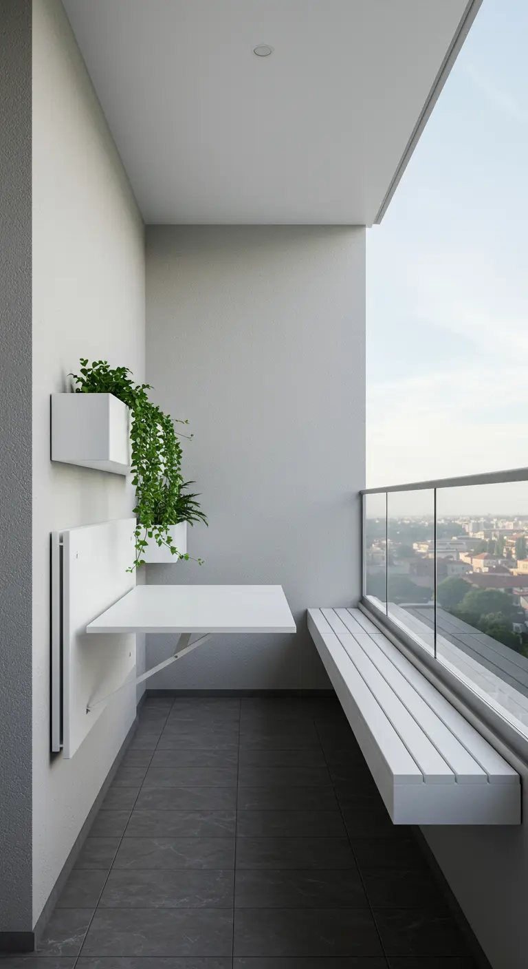 A very narrow balcony with a white wall-mounted fold-down table and an integrated floating bench.