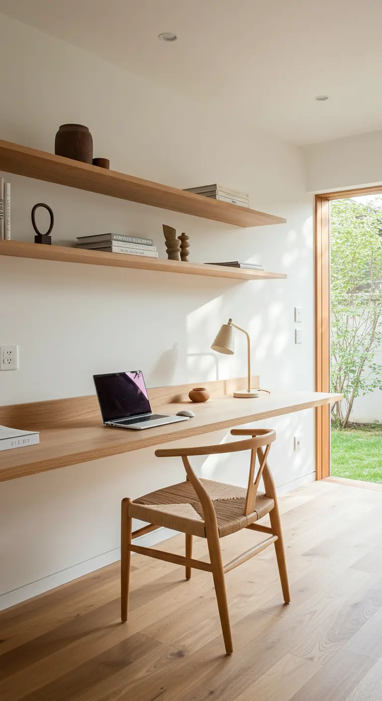 Minimalist home office with a floating wood desk and shelves, plus a woven wishbone chair.