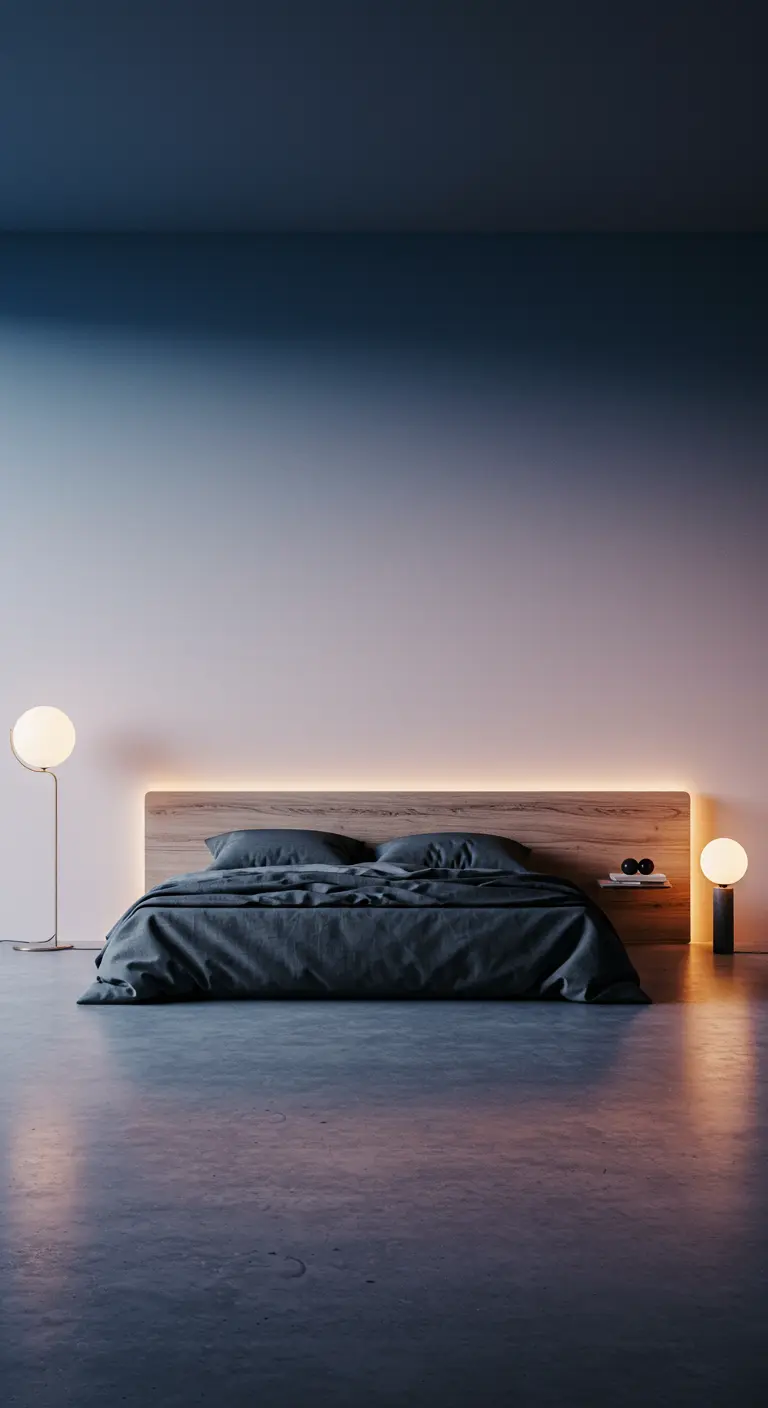 A minimalist bedroom with a wood headboard featuring backlighting against a blue-to-pink gradient wall.