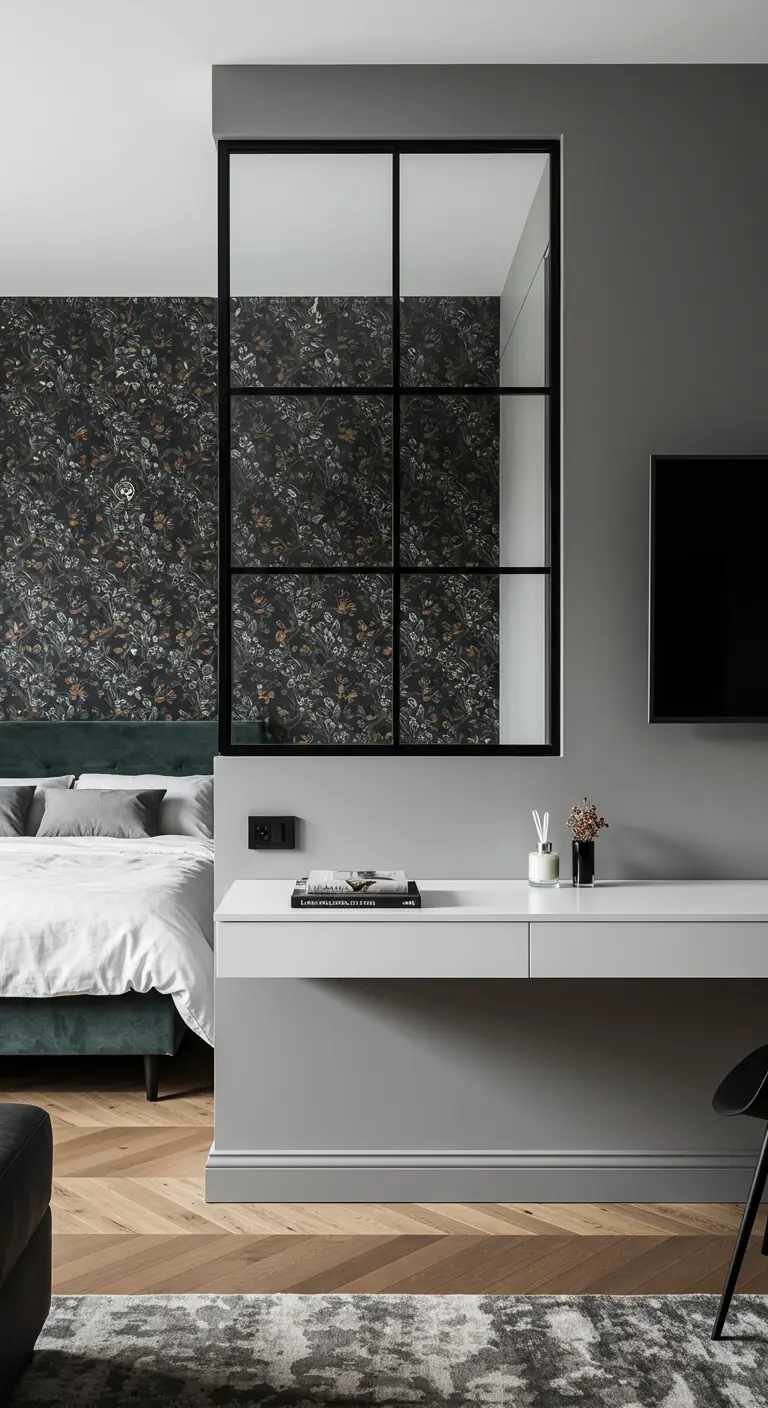 A gray half-wall with a glass panel on top separates a bedroom with floral wallpaper.
