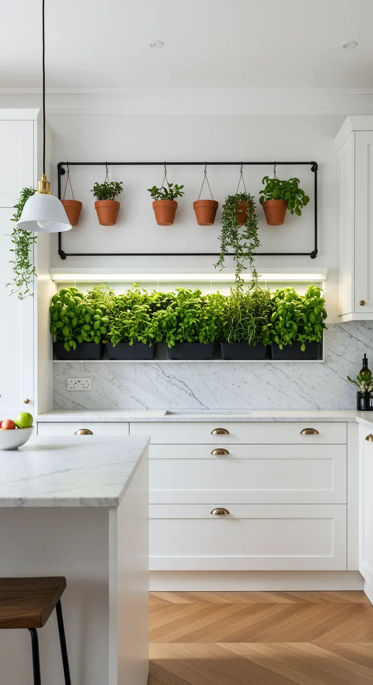 White kitchen with a two-tiered herb garden featuring grow lights and hanging terracotta pots.