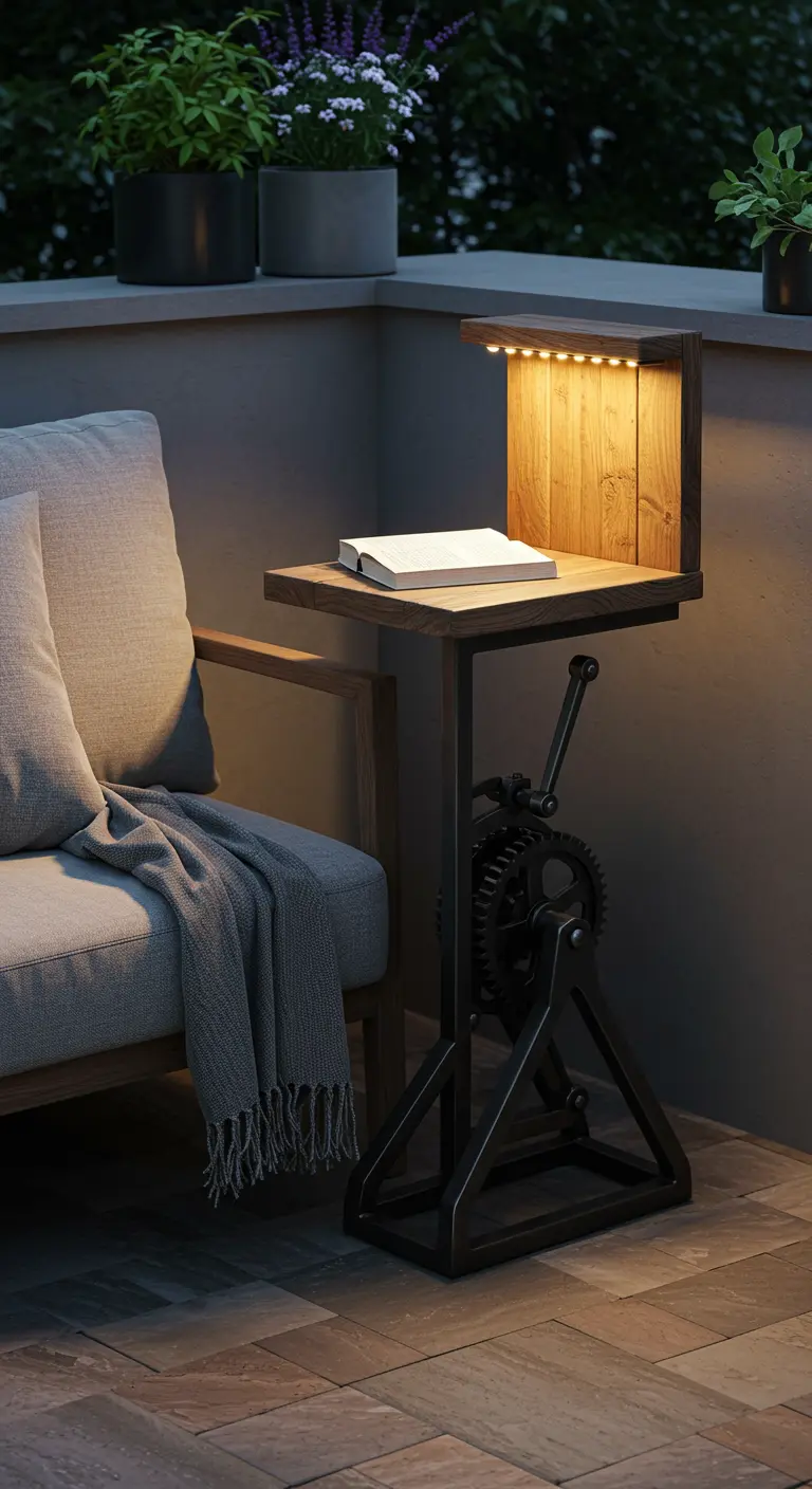 Industrial side table with a built-in wooden reading lamp and an adjustable gear mechanism.