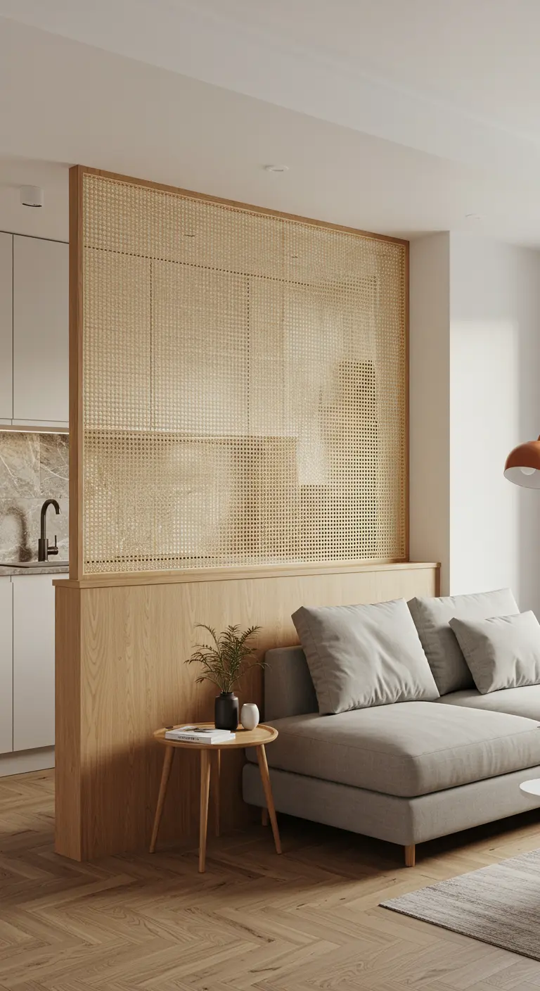 A wood half-wall topped with a large cane screen, separating a kitchen and living room.