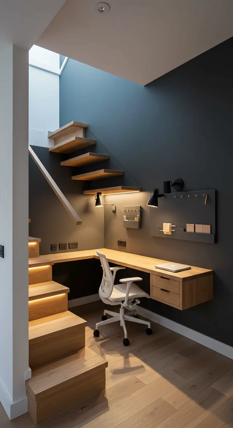 Sleek under-stair office with a floating wood desk and a dark gray accent wall.