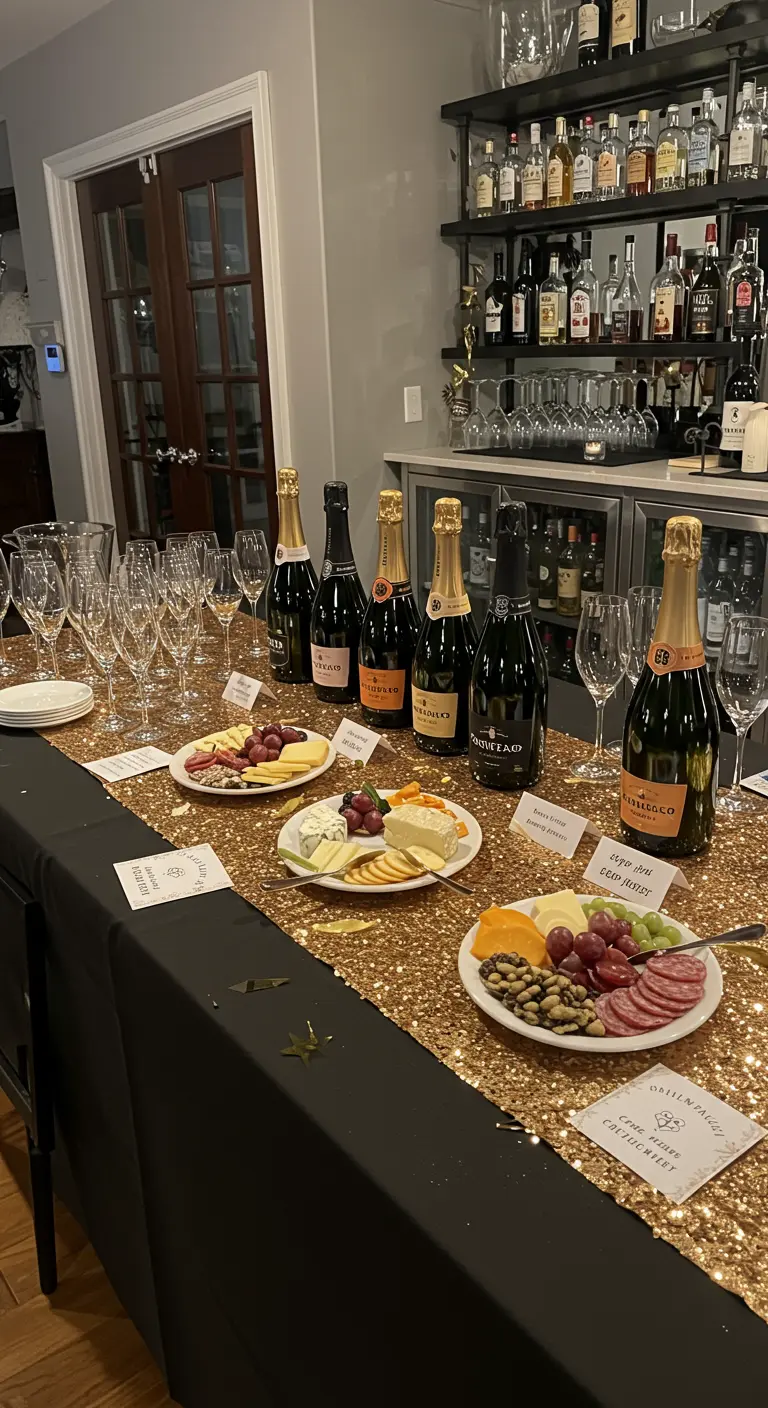 A buffet table with a gold sequin runner set up as a champagne and cheese tasting bar.