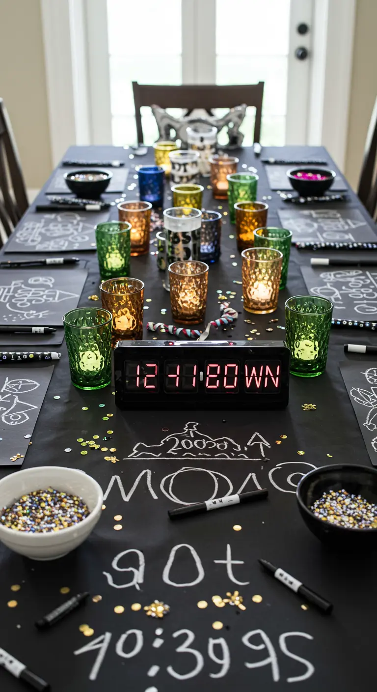 A black paper table runner covered in doodles, with a digital clock and colorful votives.
