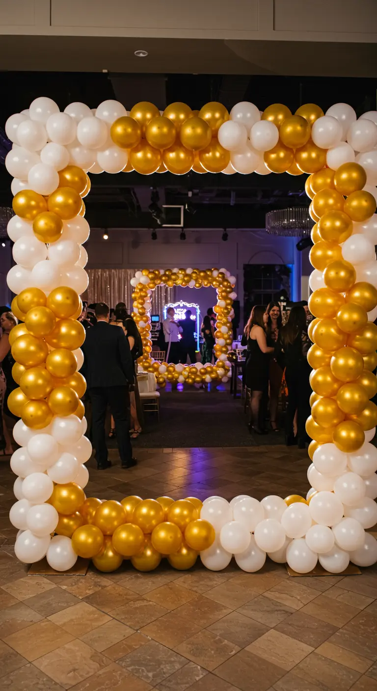 Guests posing inside a large square photo frame made of white and gold balloons.
