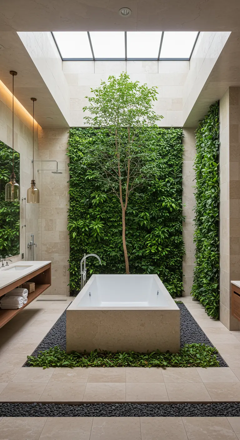 Bathroom with a tree growing in the center under a skylight, with living walls.