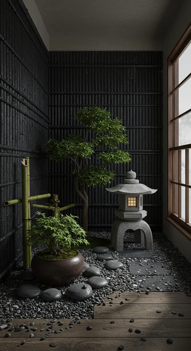 An indoor Zen garden corner with black bamboo walls, a stone lantern, and bonsai trees.