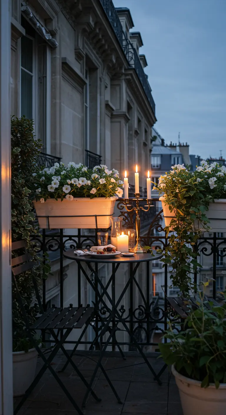 A small Parisian-style balcony with a bistro set, candelabra, and white flowers in window boxes.