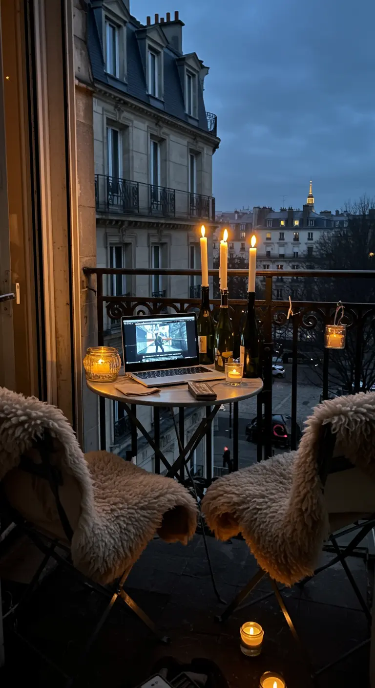 A small Parisian balcony with a bistro set, sheepskin throws, and taper candles in wine bottles.