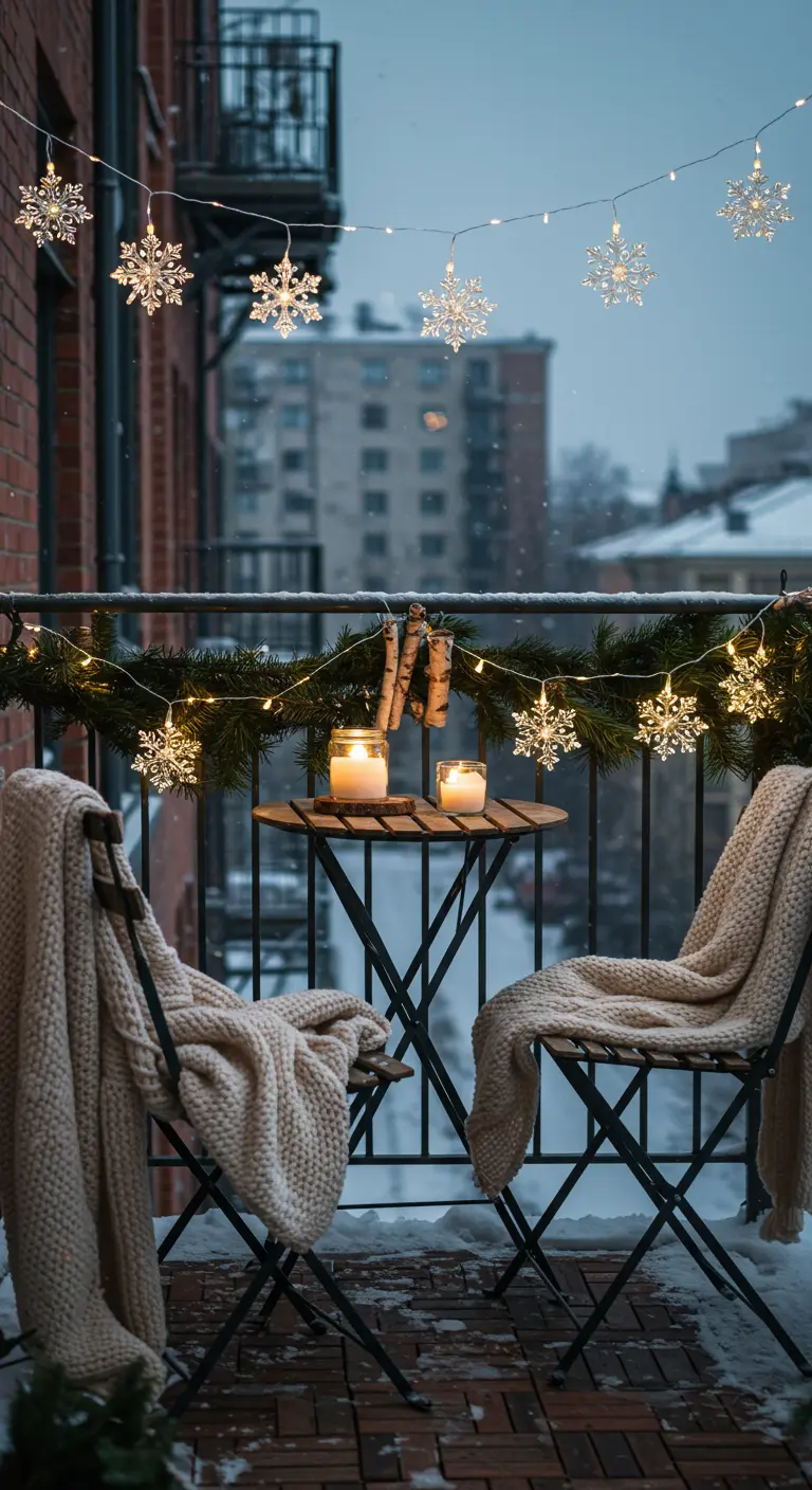A small city balcony with a bistro set, knit blankets, and snowflake lights in the snow.