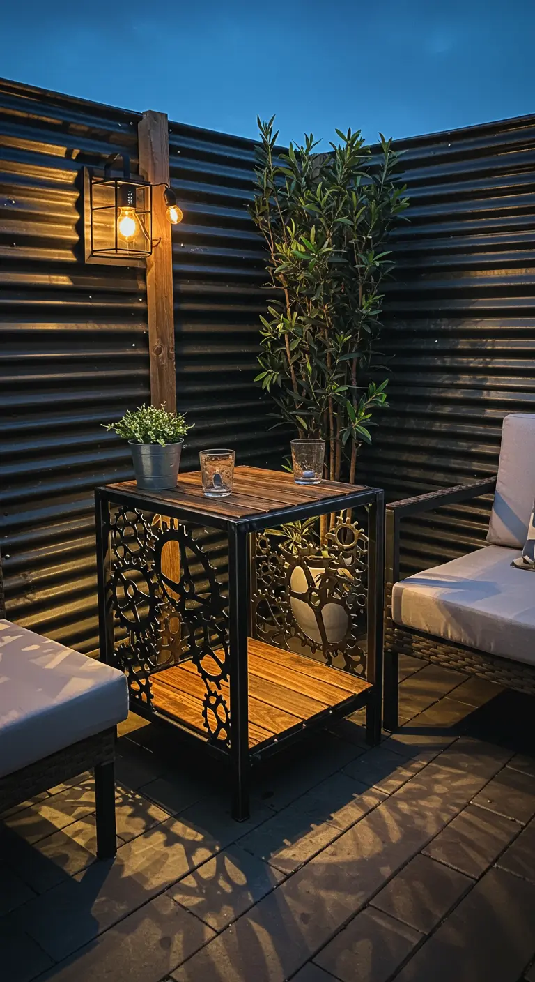 Two-tiered side table with intricate gear-patterned metal sides, lit by a lantern on a deck.