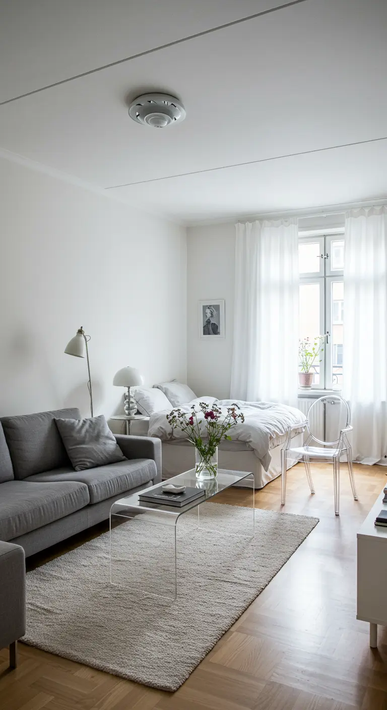 Small studio apartment with a gray sofa and transparent acrylic coffee table and chair.