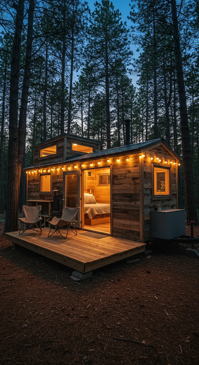 Rustic tiny home in woods at dusk, with string lights on a fold-out deck.