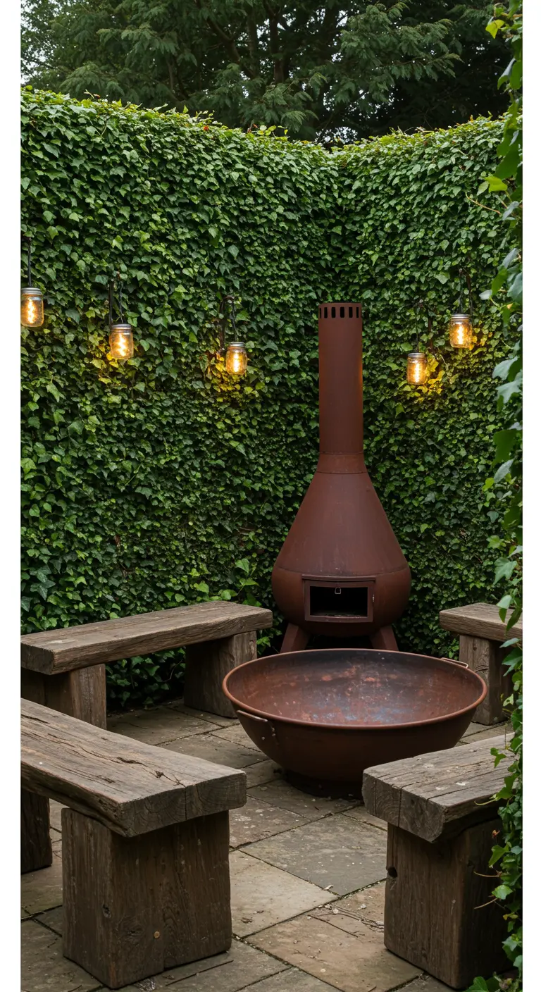 A courtyard with an ivy-covered wall, a chiminea fire pit, rustic benches, and wall-mounted lights.