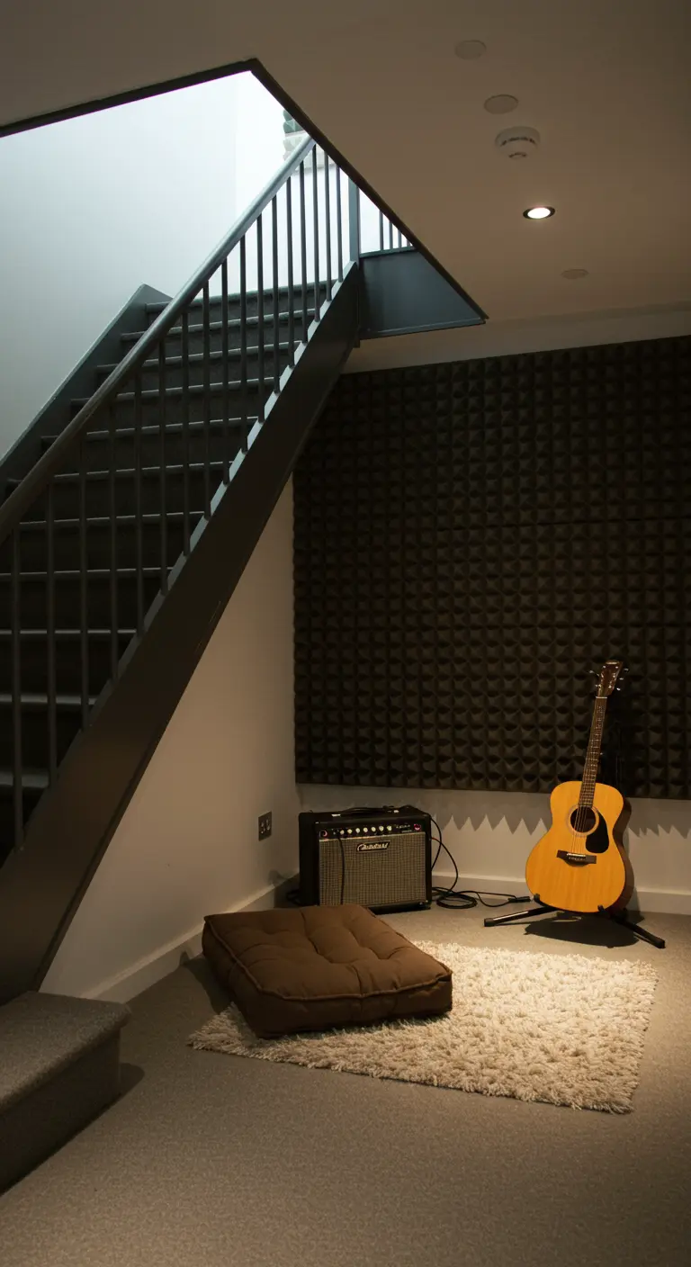 A music corner under the stairs with acoustic foam panels, a guitar, and an amplifier.