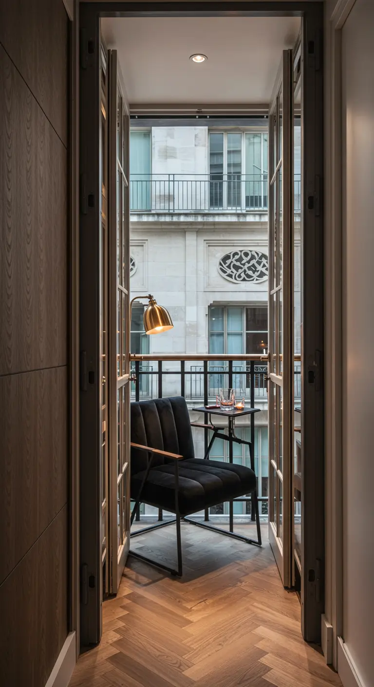 Looking through an open doorway to a tiny balcony with a single black velvet chair and a small table.