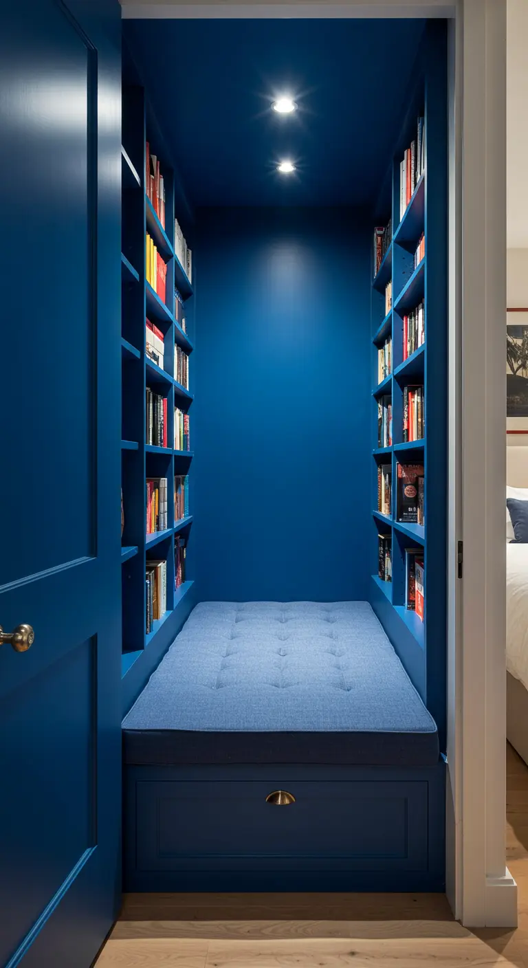 A reading nook built inside a closet, painted a vibrant blue with a matching tufted cushion.